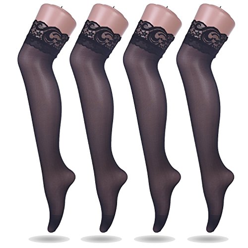 Ruzishun Women's Lace Thigh High Silk Stockings (Black,4 Pairs)