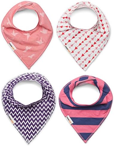 Baby Bandana Drool Bibs for Girls. Pink, Purple &amp; Navy Pattern Colors Set of 4. Absorbent Cotton, Adjustable Snaps Closure. Catch Drooling &amp; Dribble, Protect Clothes. For Babies and Teething Toddlers