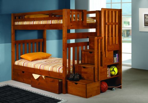 Bunk Bed Twin over Twin Mission Style in Honey with Stairway and Drawers