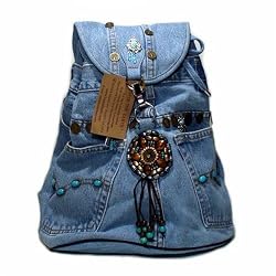 Denim Backpack With Bead Decor Crafted from Vintage Denim