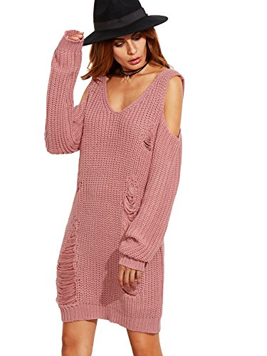 ROMWE Women's Casual Long Sleeve Cold Shoulder Ripped Sweater Dress