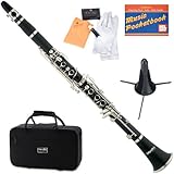 Mendini MCT-E+SD+PB Black Ebonite B Flat Clarinet with Case, Stand, Pocketbook, Mouthpiece, 10 Reeds and More