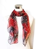 Chiffon Gold Decor Black Floral Print on Red - Silk Scarf 33