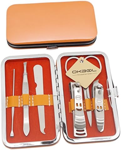 Okbool 6pcs Candy Colors Stainless Steel Manicure Pedicure Set ,Travel &amp; Grooming Set, Personal Care Tools, Nail Scissors Nail Clippers Kit with Leather Case (Orange)