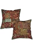 Handmade Indian Home Furnishing Cotton Heavy Zari, Embroidery, Sequins, Beads & Patch Work Cushion Cover Set Size 16 X 16 Inches Set of 2 Pcs