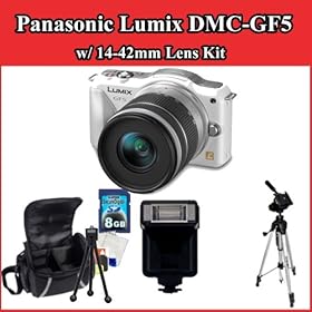 Panasonic Lumix DMC-GF5 Digital Camera (White) Professional Package Includes: Panasonic Lumix DMC-GF5 Digital Camera w/ 14-42mm X Lens, Shoe Mount Flash, 8GB Class 10 SDHC Memory Card, 72'' Tripod, Table Top Tripod, LCD Screen Protectors, Cleaning Kit and Soft Carrying Case