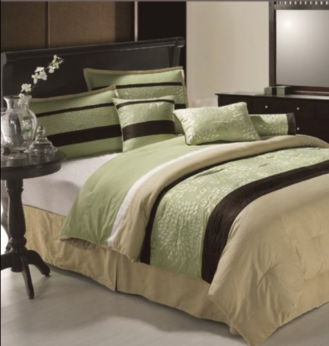 7 PIECE EXQUISITE OVERSIZED COTTON COMFORTER SET IN BEUATIFUL SAGE GREEN & BEIGE STRIPED COLORS, PINTUCK DESIGN WITH FLORAL EMBROIDERY, KING SIZE COMFORTER SET