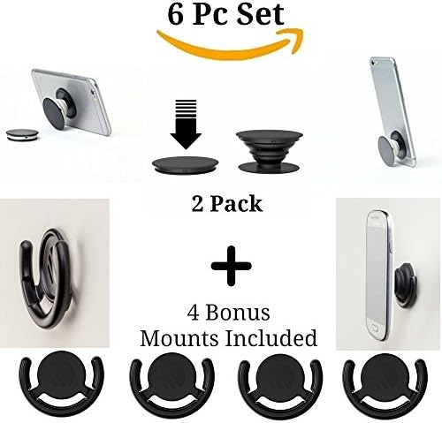 6 Pc. "All In One" DEAL SET 2 Pack Tablet Cell Pop Up Phone Grip Finger Holder 4 Bonus Universal Hands Free Mount To Use Anywhere Car Office kitchen Bed etc Expanding Stand and Earphone Wrap $60 Value