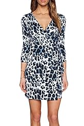 V-neck Polyester Leopard Print Shift Elasticized   Waistline Belted  Dress