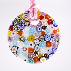 Handmade Multi-Color Millefiori Murano Glass Pendant - Daisy with Pink Cord