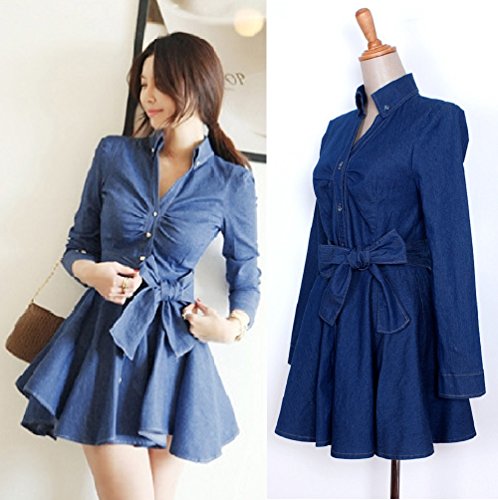 デニムワンピース 長袖 ウエストリボン デニムジャケット フリルスカート バストプリーツ 襟付き カジュアル 美脚 スリム 足長効果 クマのぬいぐるみ付き K-664