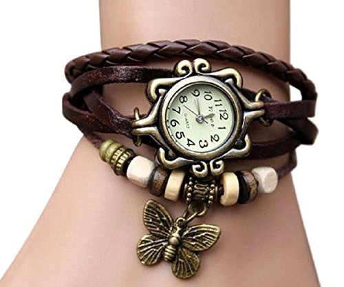 PPPerson Fashion Butterfly Pendant Quartz Retro Weave Wrap Around Leather Bracelet Lady Woman Wrist Watch