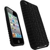 iGadgitz Black Silicone Skin Case Cover with Tyre Tread Design for iPod Touch 4th Generation 4G 8GB, 32GB & 64GB + Screen Protector
