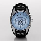 Fossil Men's CH2564 Black Leather Strap Blue Glass Silver Analog Dial Chronograph Watch