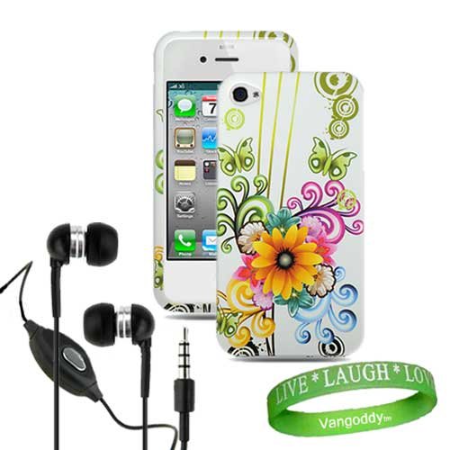 Photo Apple iphone 4 Accessories Kit: Butterfly & White Flower Cool Design Hard Snap On Crystal Case + No- hands iPhone 4 Earphones with microphone + VG Live * Laugh * Love Wrist Band!!!
