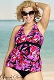 Beach Belle Flower Burst Plus Size Halter Tankini Swimsuit - Women's Swimwear Plus Size Swimsuit