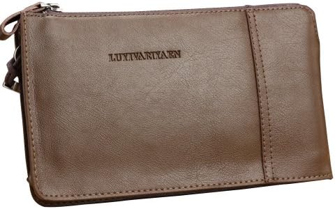 LUWE Mens Premium Leather Business Daily Clutch Brief Zipper Wallet Khaki