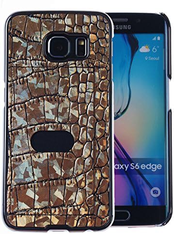 [Gold] Luxury Genuine Leather Crocodile [Hologram] Patterned [Back Pocket Rigid Case] Wallet Case for Galaxy S6 Edge