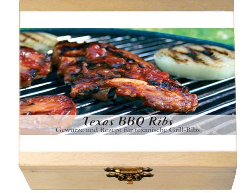 Gaumenfreude - TEXAS BBQ RIBS Gewürzekästchen und Rezept für texanische Grill-Ribs. 8 Gewürze befinden sich in einem dekorativen Holzkasten. -- Beinhaltet die Geschichte des Gerichtes, eine Inhaltsbeschreibung der Gewürze, das Originalrezept und eine Einkaufliste. Ein ideales Geschenk für Kochkünstler & Hobbyköche, solche, die es werden wollen und alle, die neugierig auf fremde Welten sind. Maße: 11,4 x 9,5 cm, 3,4 cm hoch