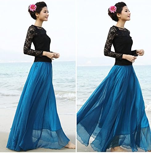 Women's Solid Color Retro Summer Bohemia Chiffon Full Dress Long Skirt (Blue)