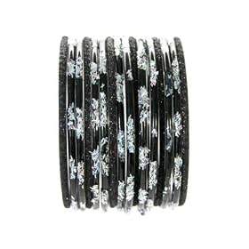 Beachcombers! Ethnic Glass Indian Bangles Belly Dance Bracelets Set Black Silver