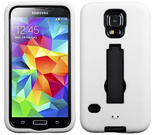 myLife Bright White and Dark Midnight Black - Shock Suit Survivor Series (Built in Kickstand + Easy Grip Silicone) 3 Piece + 2 Layer Case for NEW Galaxy S5 (5g) Smartphone By Samsung (External Flex Silicone Bumper Gel + Internal 2 Piece Rubberized Snap Fitted Armor Protector + Shock Absorbing Material)