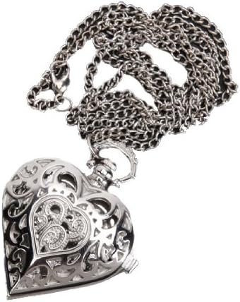 Antique Women Silver Heart Shape Pandent Quartz Pocket watch Necklace Chain
