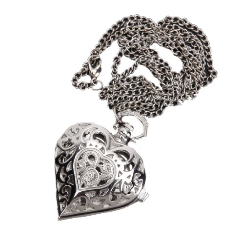 Antique Women Silver Heart Shape Pandent Quartz Pocket watch Necklace Chain