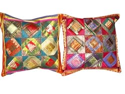 2 Blue Pink Tribal India Vintage Sari Toss Pillow Cushion Covers