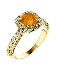 14K Yellow Gold 6.00mm Round Cut Spessartite Garnet and Diamond Ring -- LIFETIME WARRANTY