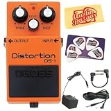 Boss DS-1 Distortion Pedal Bundle with AC Adapter, 10-Foot Instrument Cable, Patch Cable, Pick Card, and Polishing Cloth