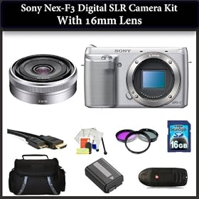 Sony NEX-F3 Digital SLR Camera Kit with 16mm Lens(Silver). Also Includes: 3 Piece Filter Kit(UV-CPL-FLD), 16GB Memory Card, Memory Card Reader, Extended Life Replacement Battery, HDMI Cable, Table Top Tripod, LCD Screen Protectors, Cleaning Kit & Large Carrying Case.