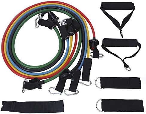 Pemor 11 Pcs Resistance Bands Set，The Exercise Band Set Comes with 5 Heavy Duty Bands, 1 Door Anchor, 2 Neoprene Lined Ankle Straps, 2 Comfortable Handles, Carrying Case