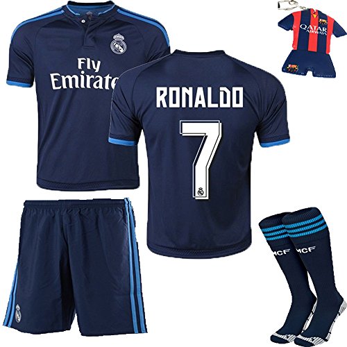 Barcelona Kids Jersey 2015/2016 #7 Away Blue Soccer Real Madrid Football Jersey Sportswear & Socks & key chain Kids 3-14 Years (11-12 years )