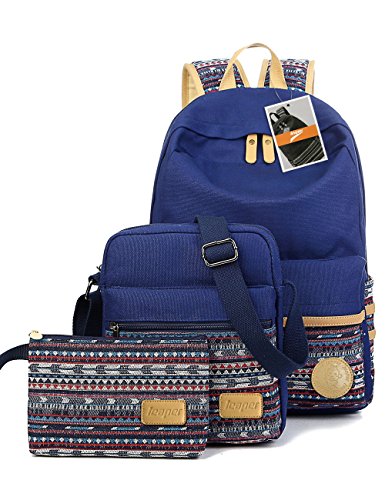 Leaper Casual Style Lightweight Canvas Laptop Bag Cute School Backpack Shoulder Bag Pencil Case 3PCS Set(Navy Blue)