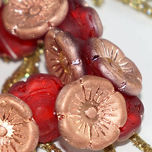 Gold Matte Red Flower Czech Button Beads Gold Flower Beads Flower Button Beads Czech Button Beads Glass Button Beads 12mm x 6mm 6pcs
