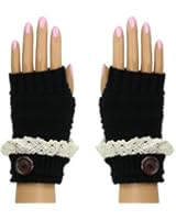 Winter Knit Fingerless Cuffed Gloves w/ Lace, Button Trimmed Wrist Warmers
