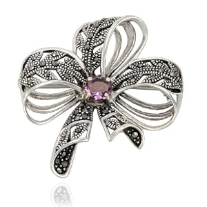 Sterling Silver Marcasite and Amethyst Ribbon Pin by