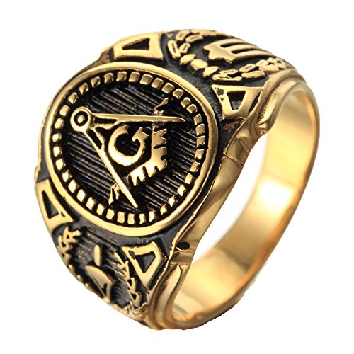 Mens Stainless Steel Ring,Freemason Masonic,Gold Black
