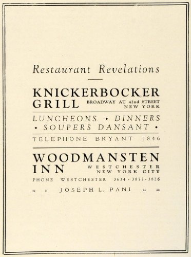 1924 Ad Knickerbocker Grill Woodmansten Inn Restaurants Food Dining New York - Original Print Ad