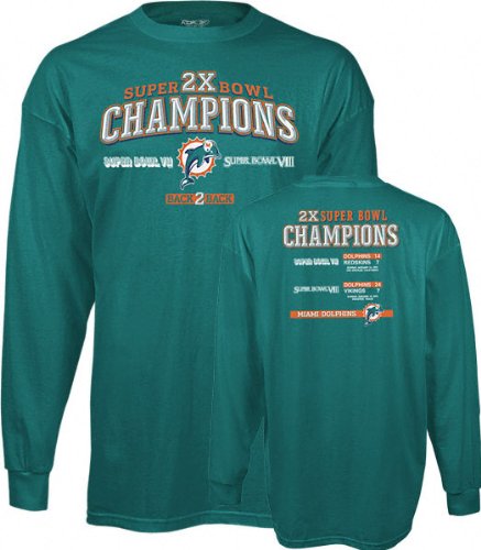 Buy Miami Dolphins -Aqua- 2X Super Bowl Champions Commemorative Long Sleeve T-Shirt