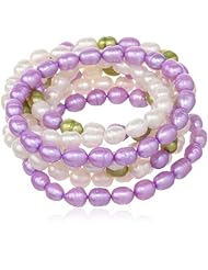7-8mm Freshwater Cultured Baroque Teardrop Shape Multi-Color Pearl White, Spring Green and Lavender Pearl Set of Stretch Bracelets, 7.5"