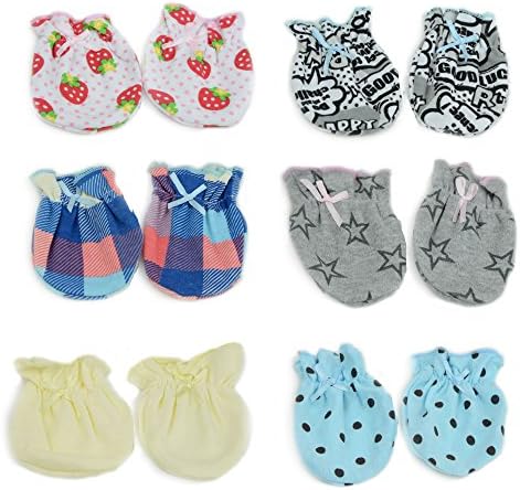 Cotton Newborn Infant Baby Hand Scratch Guard Gloves Mittens, Mix Assorted, 6 prs