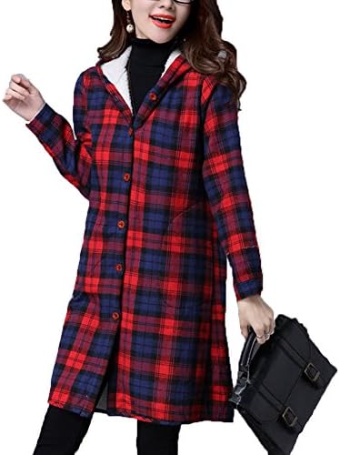 MelBedy Women's Winter Checkered Mid-long Outwear Hoodie Parkas Coat with Pockets Red