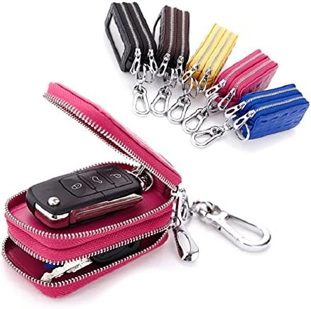 Jaswon Authentic Leather Car Key Pouch Crocodile Family Key Case Holder Double Zipper Purse Wallet Mini-Size Clutch Bag with Key Ring &amp; Clear Window for Men Women (Blue)