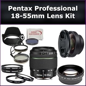 Pentax DA 18-55mm f/3.5-5.6 AL Lens Kit: Includes: 18-55mm Pentax Lens, 0.45X Wide Angle Lens, 2X Telephoto Lens, Lens Cap, Lens Hood, Lens Cap Keeper, 3 Piece Filter Kit (UV-FLD-CPL), 4 Macro Lenses and Microfiber Cleaning Cloth