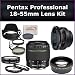 Pentax DA 18-55mm f/3.5-5.6 AL Lens Kit: Includes: 18-55mm Pentax Lens, 0.45X Wide Angle Lens, 2X Telephoto Lens, Lens Cap, Lens Hood, Lens Cap Keeper, 3 Piece Filter Kit (UV-FLD-CPL), 4 Macro Lenses and Microfiber Cleaning Cloth