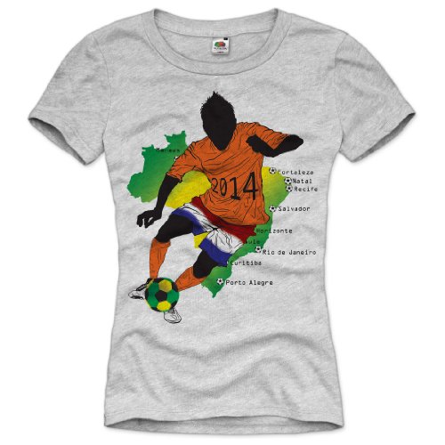 style3 WM Holland Brasilien Fußball T-Shirt für Damen in verschiedenen Farben S-3XL, Farbe:Grau meliert;Größe:2XL