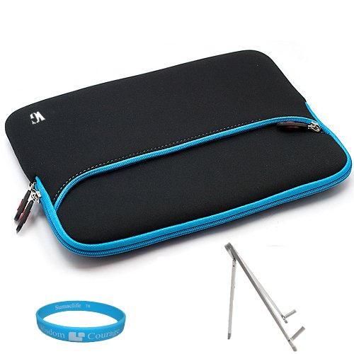 Black with Blue Trim Neoprene Protective Sleeve Cover Carrying Case with Exterior Accessory Pocket for Sony S1 Playstation Tablet / Sony S1 Media 9.4-inch Google Android 3.0 Honeycomb Tablet + Universal Silver Butterfly Tablet Stand + SumacLife TM Wisdom Courage Wristband