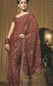 Reddish Maroon Embroidered Party wear contemporary georgette banarsi sari fabric / saree / wrap